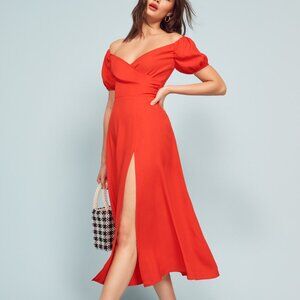 Reformation 4 Pearl Off the Shoulder Midi Dress Red